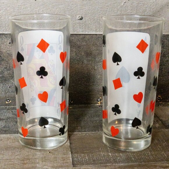 VINTAGE PLAYING CARDS HIGHBALL COCKTAIL GLASSES SPADES QUEEN ACE CLUBS SET OF 2 - Picture 3 of 8